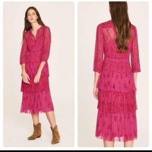 ba&sh pink Morris tiered midi dress sz2